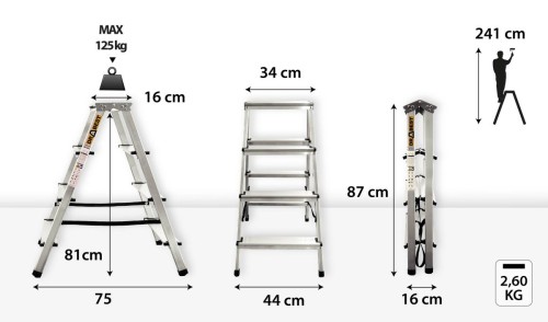 Szeroki podest roboczy 16x34 cm i profilowane stopnie 8 cm w drabinie domowej DRABEST