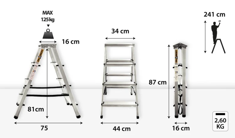 Szeroki podest roboczy 16x34 cm i profilowane stopnie 8 cm w drabinie domowej DRABEST