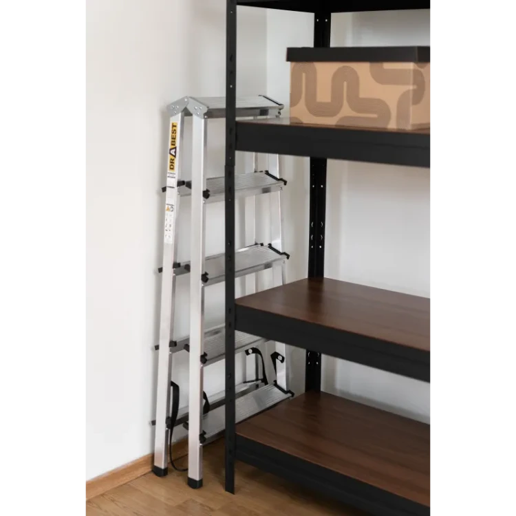Lekka drabinka domowa 5 stopni Drabest po złożeniu o wymiarach 110x46x16 cm i wadze 3,2 kg
