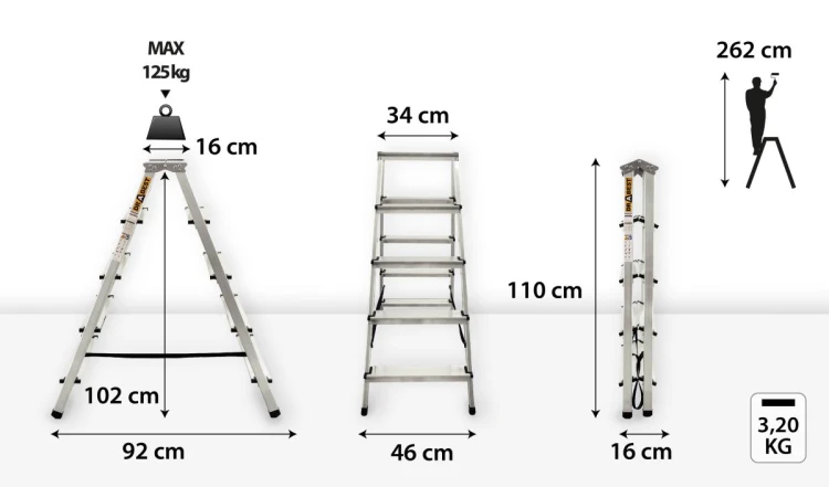 Podest roboczy 16x34 cm na wysokości 102 cm w drabince aluminiowej Drabest 5 stopni