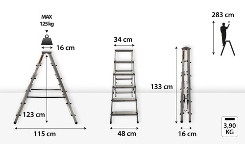 Podest roboczy 16x34 cm na wysokości 123 cm w drabince aluminiowej Drabest 6 stopni