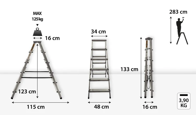 Podest roboczy 16x34 cm na wysokości 123 cm w drabince aluminiowej Drabest 6 stopni