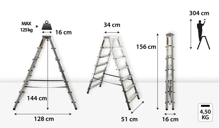 Podest roboczy 16x34 cm na wysokości 144 cm w drabince aluminiowej Drabest 7 stopni