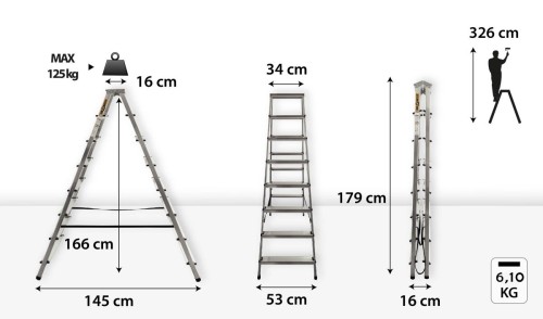 Podest roboczy 16x34 cm na wysokości 166 cm w drabinie aluminiowej Drabest 8 stopni