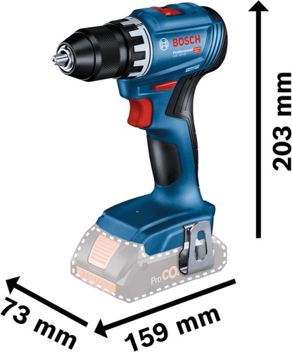 Kompaktowa wiertarko-wkrętarka bezszczotkowa Bosch GSR 18V-45 z wpiętym akumulatorem 2,0 Ah, widok z profilu z widocznym ergonomicznym uchwytem i klipsem do paska.