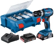 Akumulatorowa wiertarko-wkrętarka Bosch Professional GSR 18V-45 w zestawie z dwoma akumulatorami GBA 18V 2.0Ah, ładowarką oraz walizką transportową L-BOXX