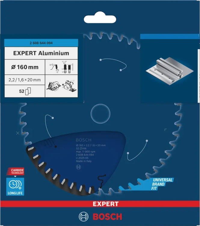 Oryginalne opakowanie tarczy Bosch Expert for Aluminium 2608644094 z oznaczeniami technicznymi