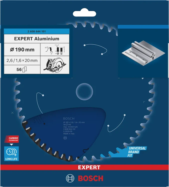 Oryginalne opakowanie tarczy Bosch Expert for Aluminium 2608644101 z parametrami technicznymi