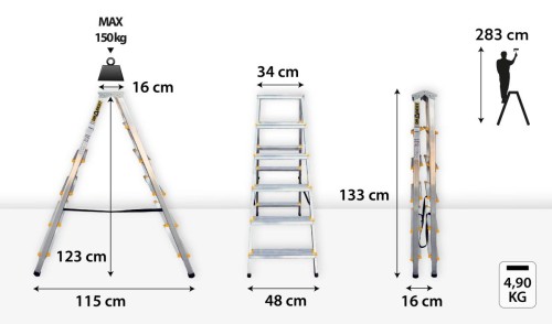 Antypoślizgowe ryflowane stopnie 8 cm z profilem podłużnicy w drabinie Drabest PRO 6 stopni