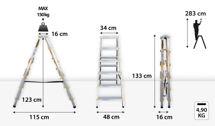 Antypoślizgowe ryflowane stopnie 8 cm z profilem podłużnicy w drabinie Drabest PRO 6 stopni
