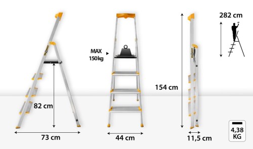 Szerokie ryflowane stopnie antypoślizgowe MAX w drabinie aluminiowej 4-stopniowej Drabest