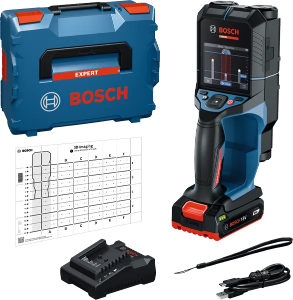 Zestaw Bosch EXPERT D-tect 18V-200-17C z akumulatorem, ładowarką i akcesoriami w walizce L-BOXX 136