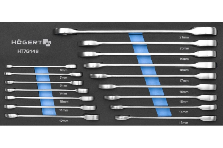 Zestaw 16 kluczy płasko-oczkowych z grzechotką Hogert Technik HT7G146 we wkładzie EVA