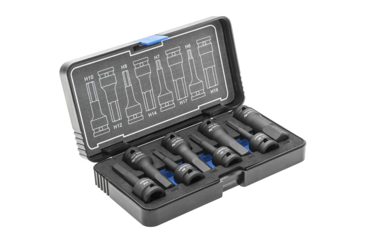 Hogert Technik HT6R004 – zestaw 8 udarowych nasadek HEX 1/2 cala ze stali CrMo, rozmiary H6–H19