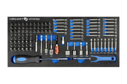 Hogert Technik HT7G150 – zestaw 107 końcówek wkrętakowych i bitów PH, PZ, TORX, HEX ze stali S2 we wkładce piankowej EVA