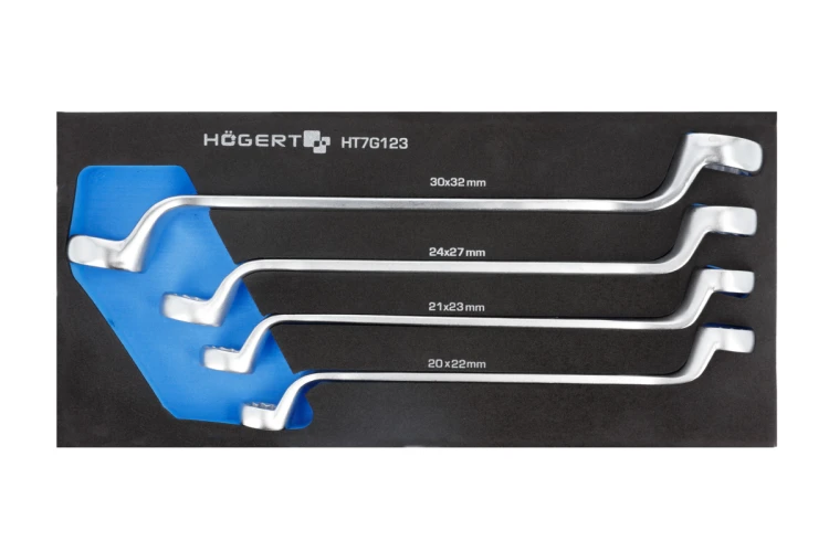 Zestaw 4 odgiętych kluczy oczkowych Hogert Technik HT7G123 w piankowym wkładzie EVA, rozmiary 20–32 mm