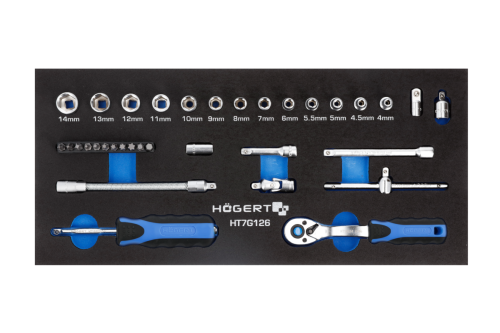 Hogert Technik HT7G126 – zestaw 34 narzędzi z grzechotką 1/4 cala, nasadkami i bitami CrV we wkładce piankowej EVA