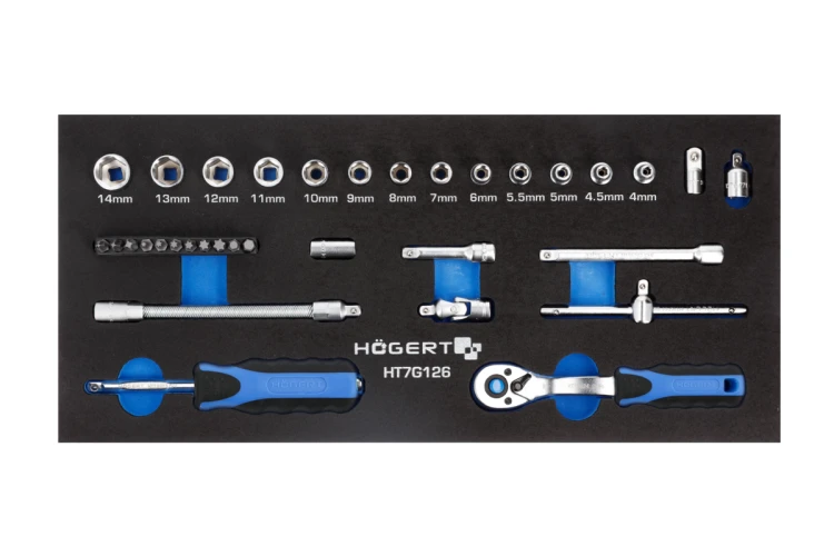 Hogert Technik HT7G126 – zestaw 34 narzędzi z grzechotką 1/4 cala, nasadkami i bitami CrV we wkładce piankowej EVA