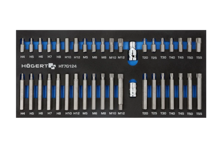 Hogert Technik HT7G124 – zestaw 40 końcówek wkrętakowych TORX, SPLINE i HEX we wkładce piankowej EVA do szafki warsztatowej