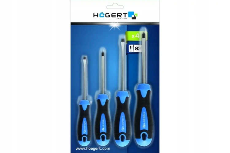 Wkrętaki Hogert HT1S094 z magnetycznymi grotami SL3, SL5, PH1 i PH2 oraz ergonomicznymi rękojeściami
