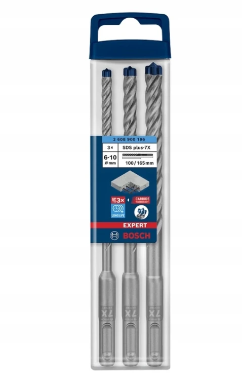 Oryginalne opakowanie zestawu 3 wierteł Bosch EXPERT SDS Plus-7X 2608900196