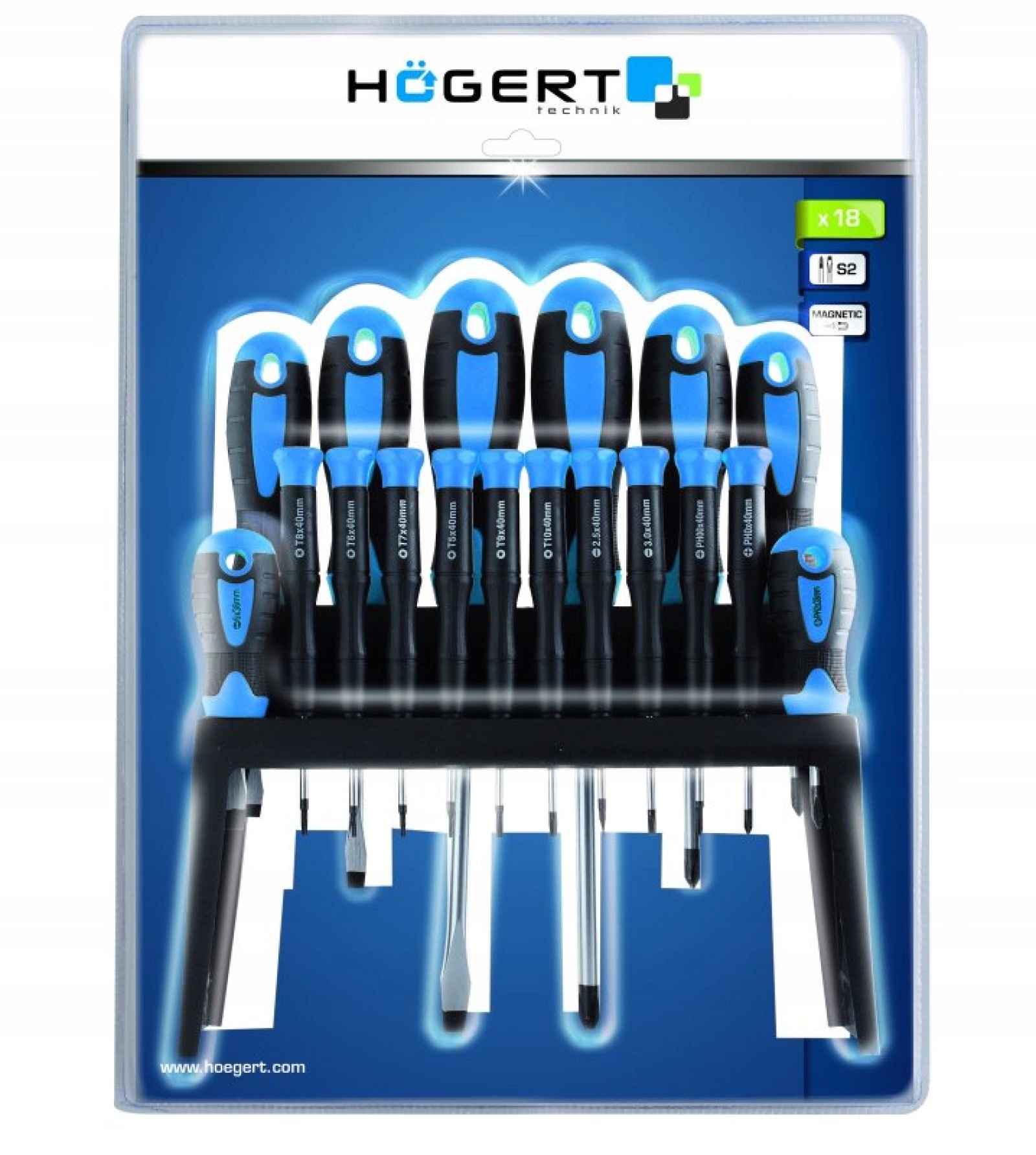 Wkrętaki zestaw 18 sztuk Hogert stal S2 magnetyczny grot HT1S098 – zdjęcie produktu 2